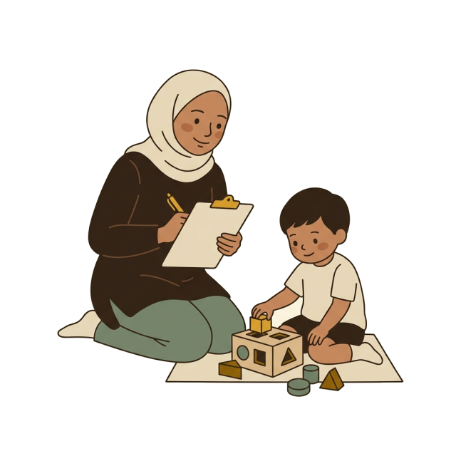 A therapist sitting with a young child, making notes while the child plays with a shape sorter.