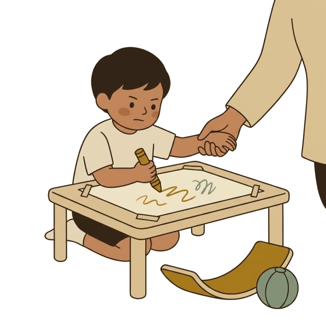 A child drawing with a chunky crayon while an adult steadies their wrist.