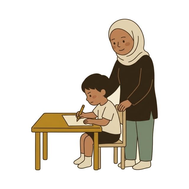 A child writing at a small desk while an adult stands beside the chair.